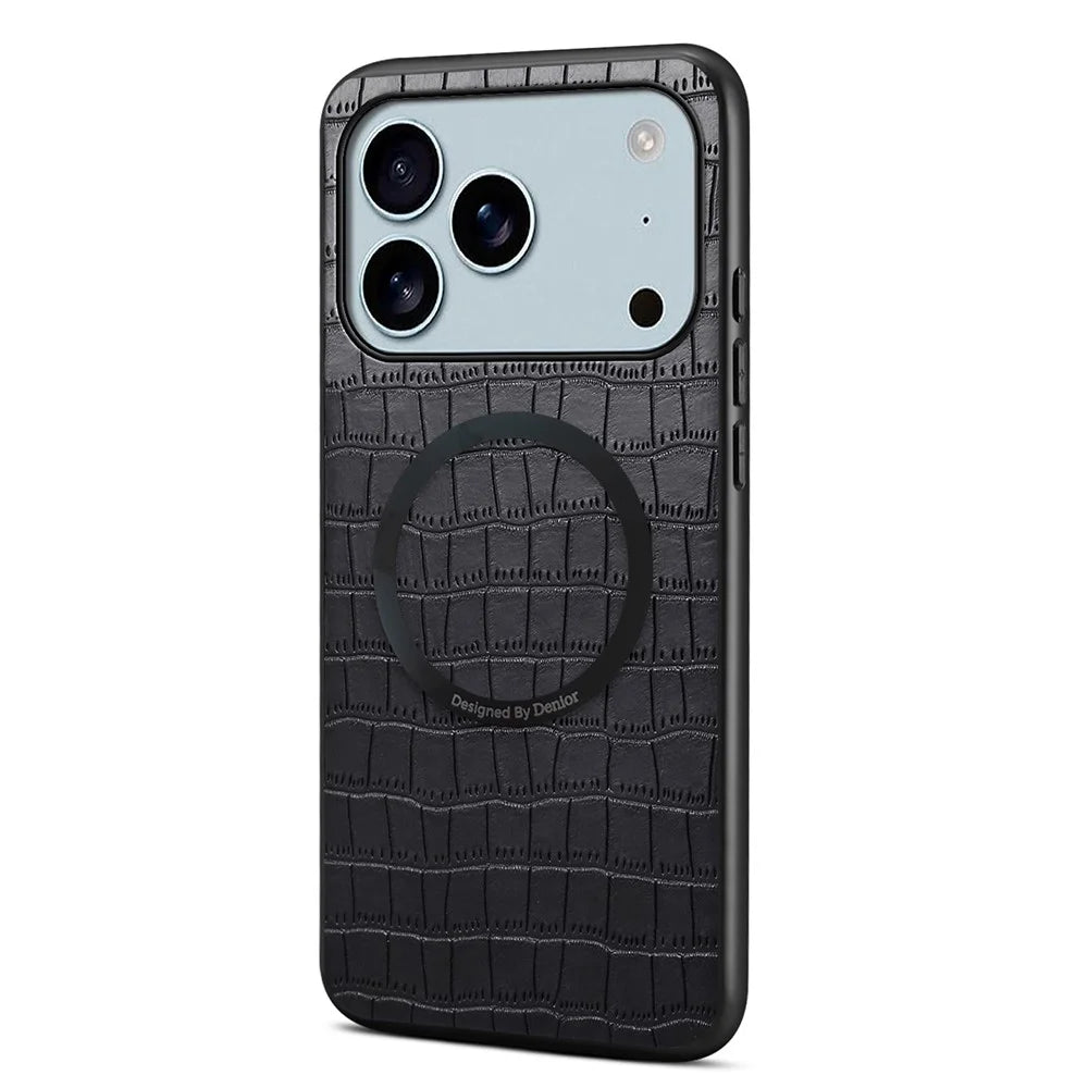 DENIOR A09+1 For iPhone 17 Pro Max Magnetic Case Crocodile Texture Leather Coated PC TPU Phone Cover - Black - 1