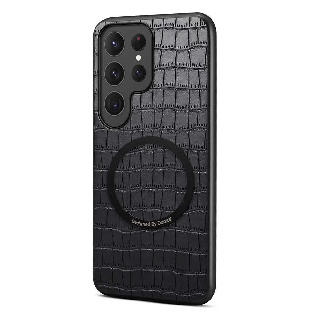DENIOR A09+1 For Samsung Galaxy S25 Ultra Magnetic Case Crocodile Texture Leather Coated PC TPU Phone Cover - Black - 1