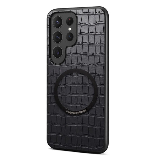 DENIOR A09+1 For Samsung Galaxy S25 Ultra Magnetic Case Crocodile Texture Leather Coated PC TPU Phone Cover - Black - 1