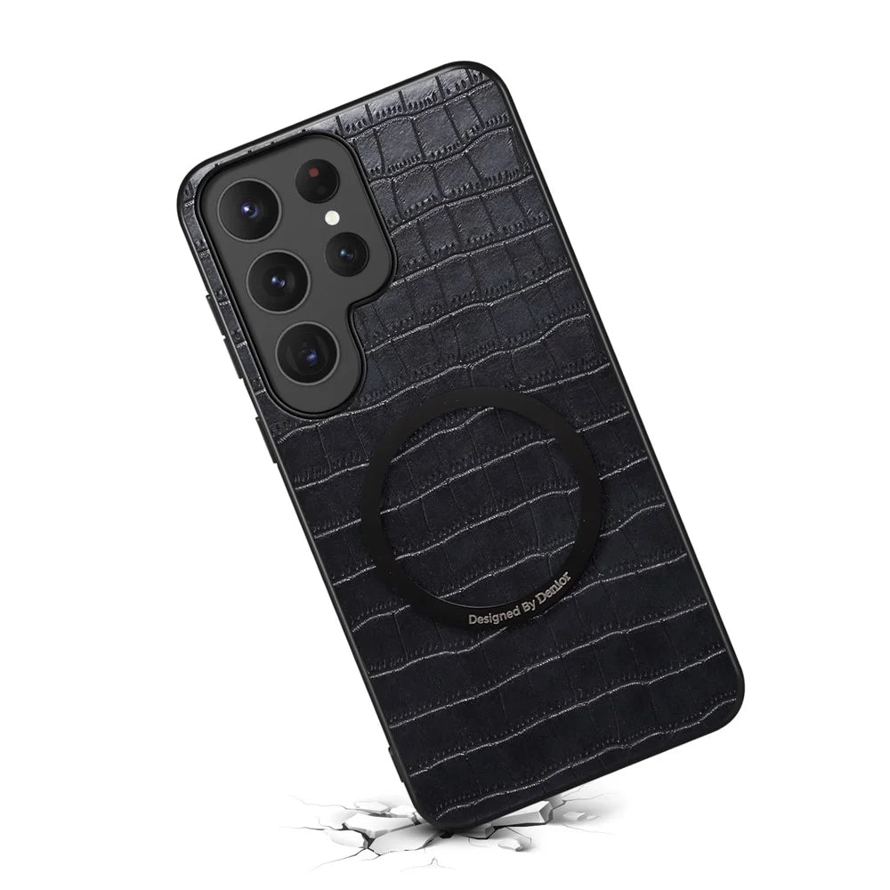 DENIOR A09+1 For Samsung Galaxy S26 Ultra Magnetic Case Crocodile Texture Leather Coated PC TPU Phone Cover - Black - 2