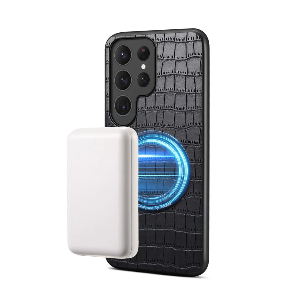 DENIOR A09+1 For Samsung Galaxy S26 Ultra Magnetic Case Crocodile Texture Leather Coated PC TPU Phone Cover - Black - 3