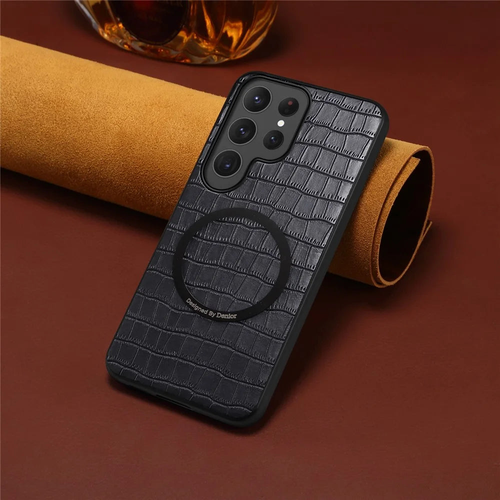 DENIOR A09+1 For Samsung Galaxy S26 Ultra Magnetic Case Crocodile Texture Leather Coated PC TPU Phone Cover - Black - 4