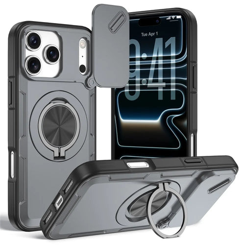 For iPhone 17 Pro Max Magnetic Case Slide Camera Cover Rotary Kickstand PC + TPU Phone Shell - Grey - 1