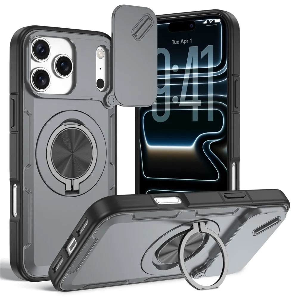 For iPhone 17 Pro Max Magnetic Case Slide Camera Cover Rotary Kickstand PC + TPU Phone Shell - Grey - 1