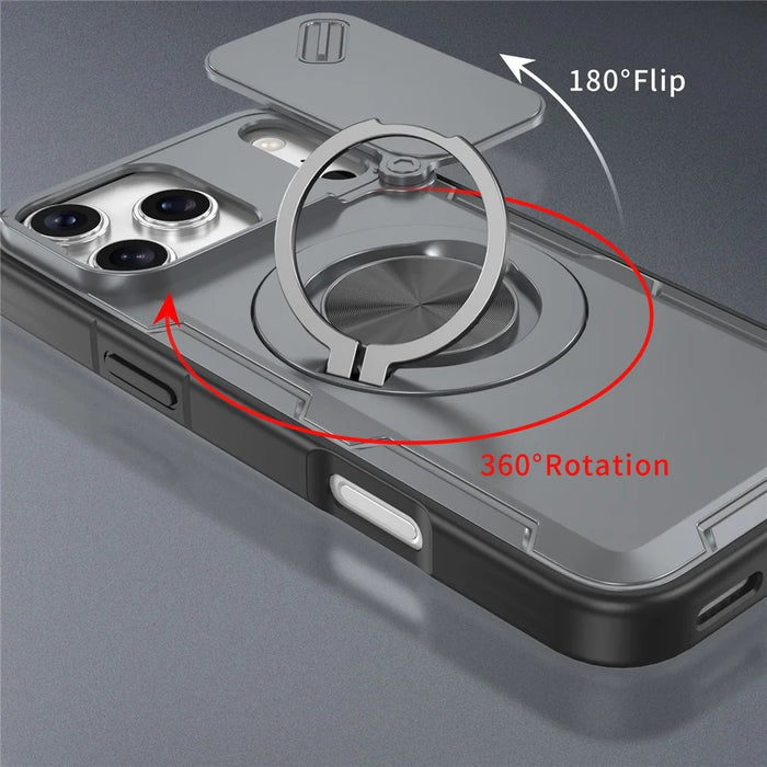 For iPhone 17 Pro Max Magnetic Case Slide Camera Cover Rotary Kickstand PC + TPU Phone Shell - Grey - 2
