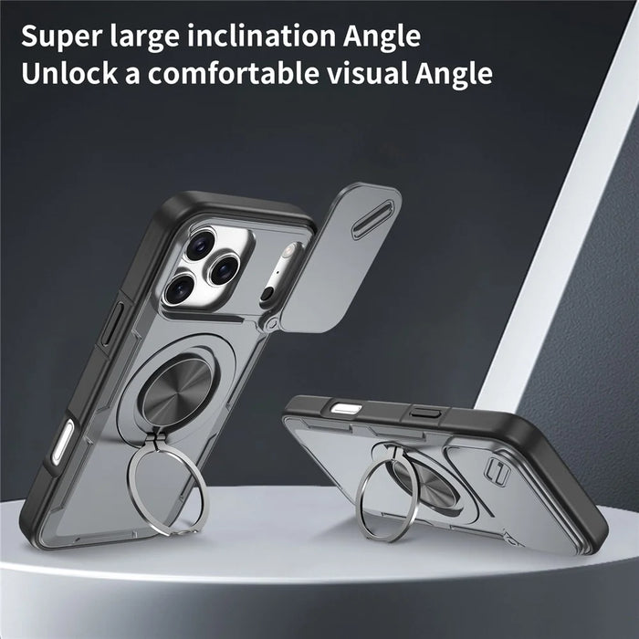 For iPhone 17 Pro Max Magnetic Case Slide Camera Cover Rotary Kickstand PC + TPU Phone Shell - Grey - 3