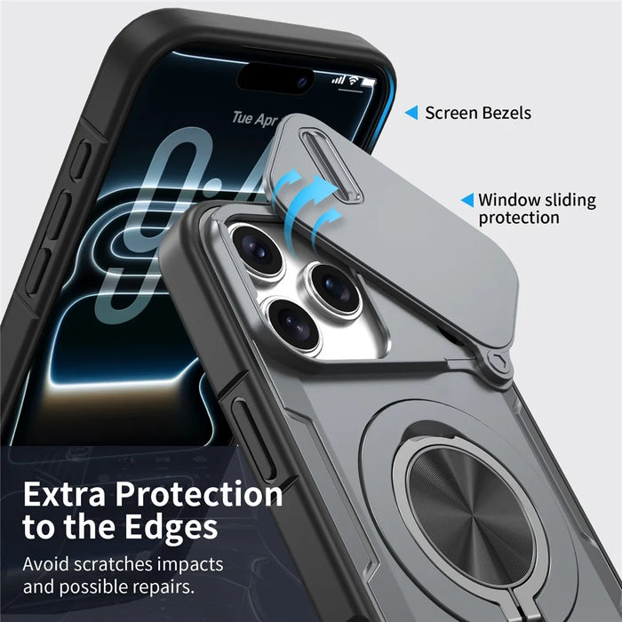 For iPhone 17 Pro Max Magnetic Case Slide Camera Cover Rotary Kickstand PC + TPU Phone Shell - Grey - 4