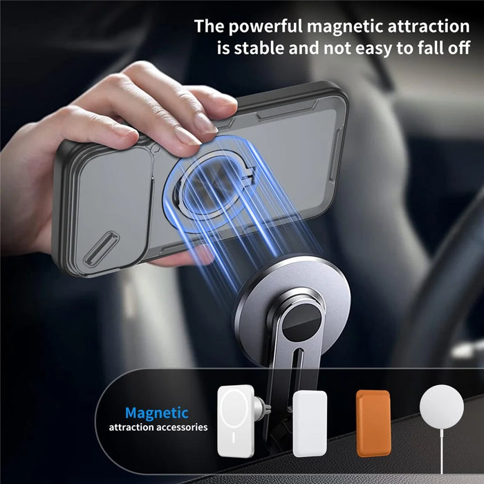 For iPhone 17 Pro Max Magnetic Case Slide Camera Cover Rotary Kickstand PC + TPU Phone Shell - Grey - 5