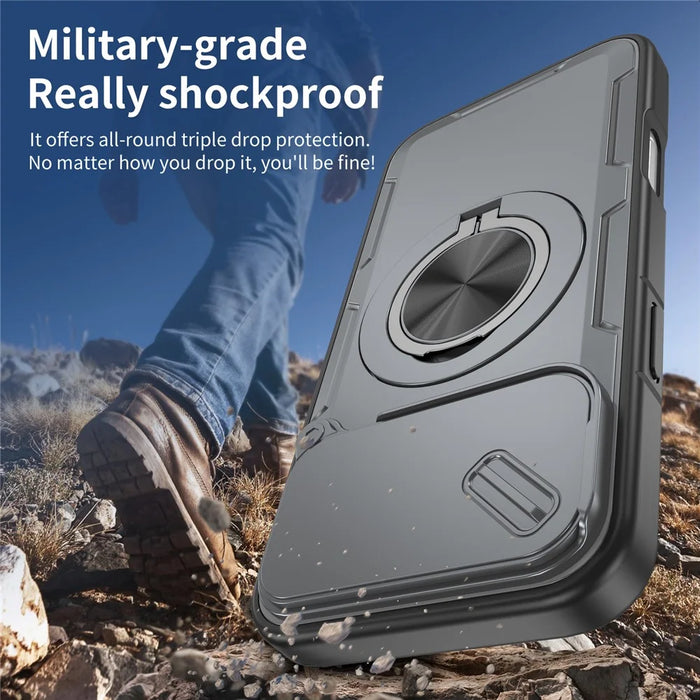 For iPhone 17 Pro Max Magnetic Case Slide Camera Cover Rotary Kickstand PC + TPU Phone Shell - Grey - 6