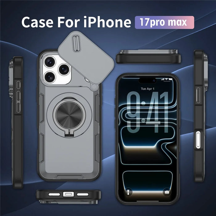For iPhone 17 Pro Max Magnetic Case Slide Camera Cover Rotary Kickstand PC + TPU Phone Shell - Grey - 7