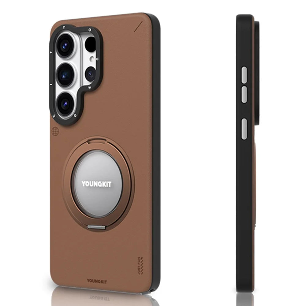 YOUNGKIT For Samsung Galaxy S26 Ultra Case Rotating Kickstand Shockproof TPU + PU Leather Phone Back Cover - Brown - 1
