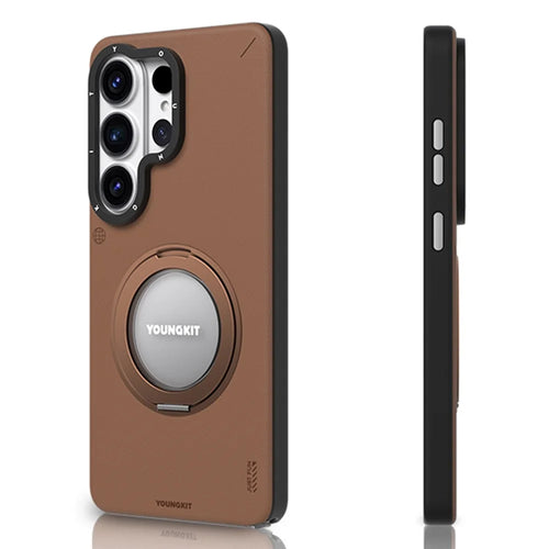 YOUNGKIT For Samsung Galaxy S26 Ultra Case Rotating Kickstand Shockproof TPU + PU Leather Phone Back Cover - Brown - 1