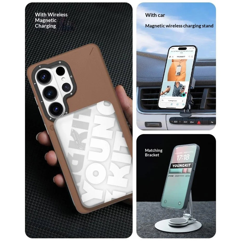 YOUNGKIT For Samsung Galaxy S26 Ultra Case Rotating Kickstand Shockproof TPU + PU Leather Phone Back Cover - Brown - 4