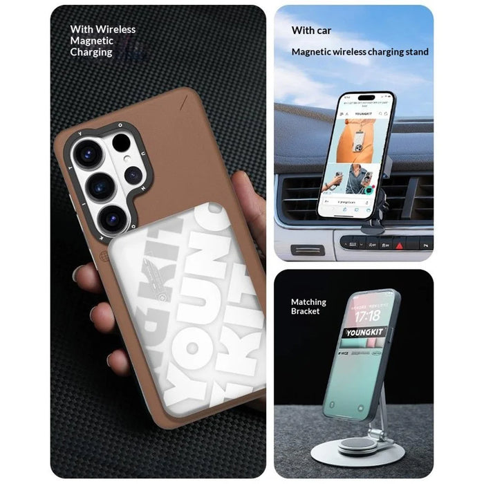 YOUNGKIT For Samsung Galaxy S26 Ultra Case Rotating Kickstand Shockproof TPU + PU Leather Phone Back Cover - Brown - 4