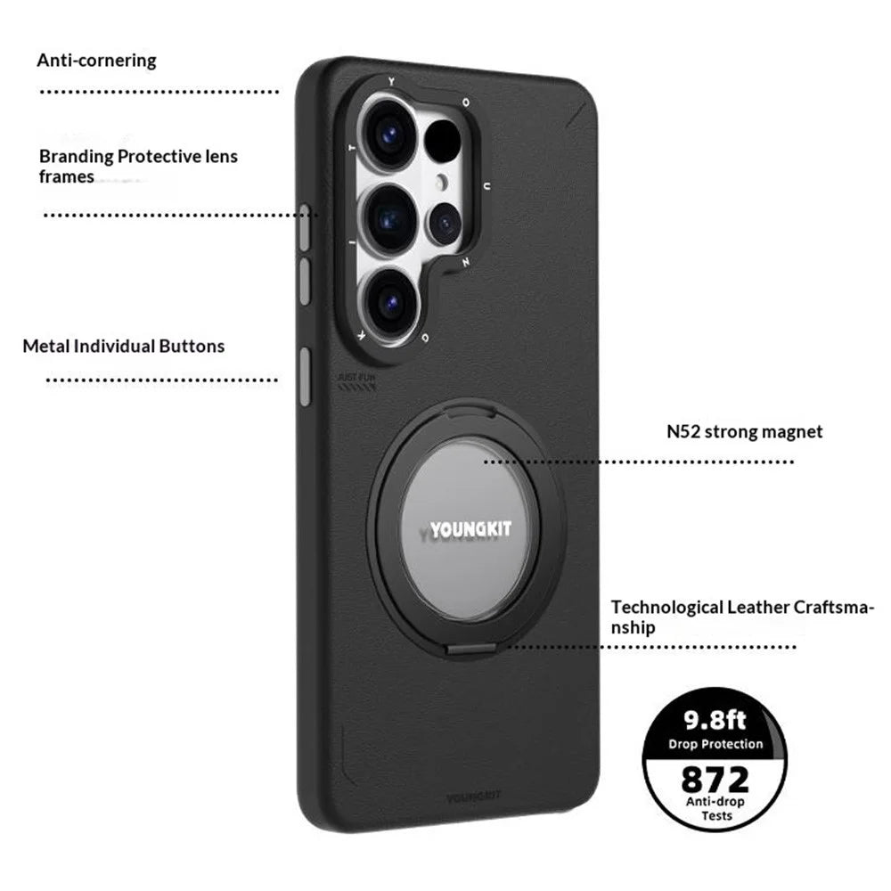 YOUNGKIT For Samsung Galaxy S26 Ultra Case Rotating Kickstand Shockproof TPU + PU Leather Phone Back Cover - Brown - 5