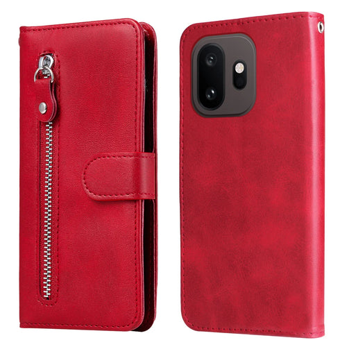 For OnePlus 15T 5G PU Leather Cases with Zipper Pocket Wallet Phone Cover Stand - Red - 1