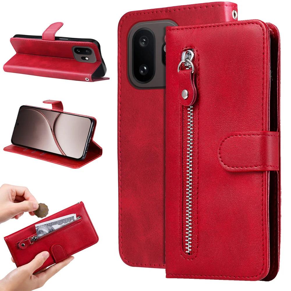 For OnePlus 15T 5G PU Leather Cases with Zipper Pocket Wallet Phone Cover Stand - Red - 2
