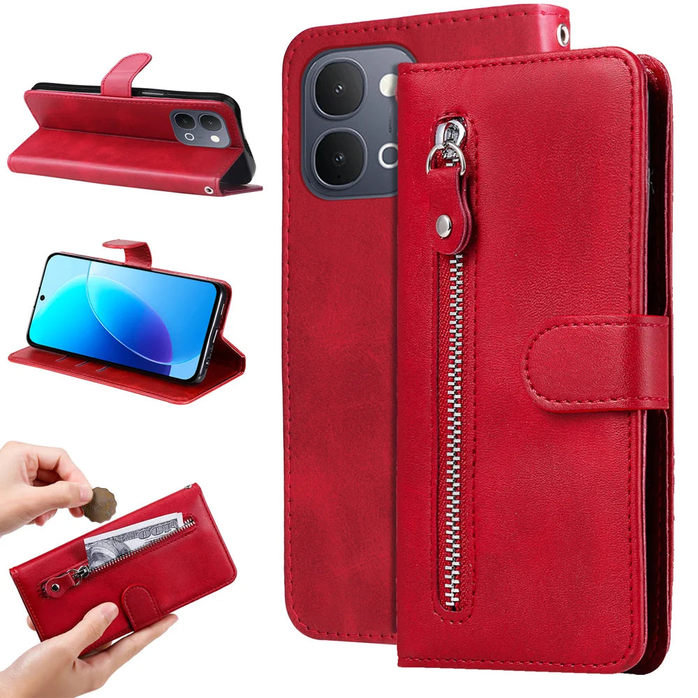 For vivo Y500i 5G / vivo Y31d 4G PU Leather Cases with Zipper Pocket Wallet Phone Cover Stand - Red - 2