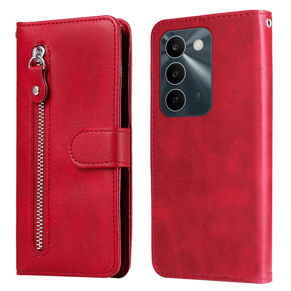 PU Leather Case For Realme C100 5G / P4 Lite 5G / C83 5G / C85 5G / 15x (India) 5G RFID Blocking Imprinted Dog Pattern Phone Cover with Wrist Strap Zipper Pocket Wallet Phone Cover Stand - Red - 1