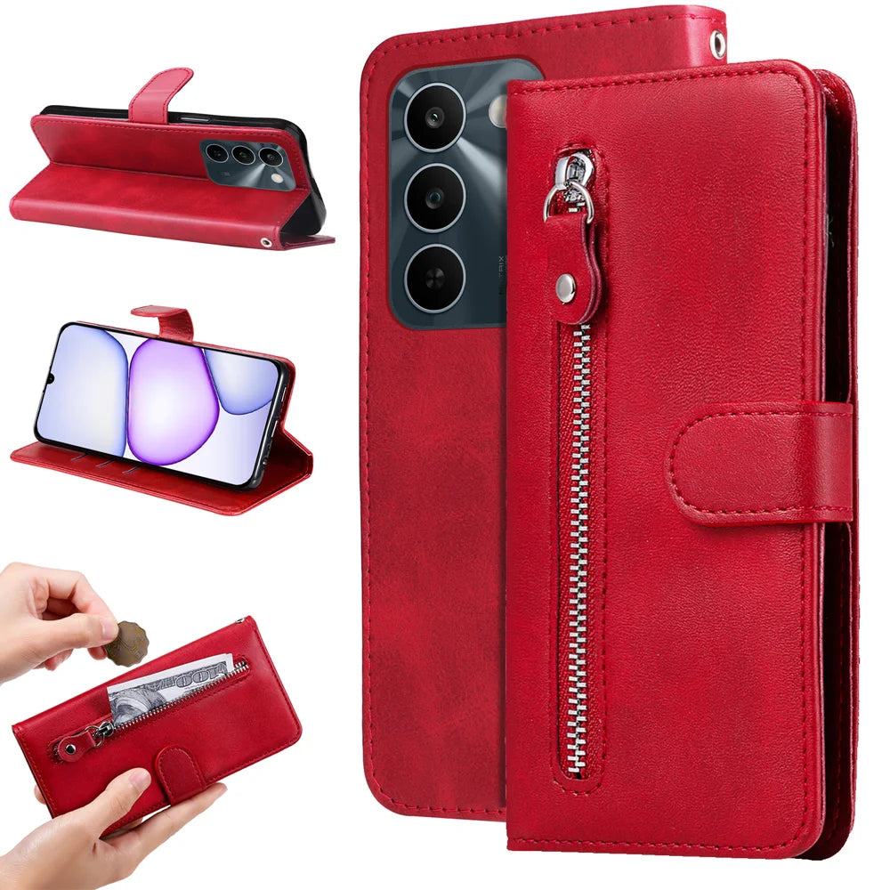 PU Leather Case For Realme C100 5G / P4 Lite 5G / C83 5G / C85 5G / 15x (India) 5G RFID Blocking Imprinted Dog Pattern Phone Cover with Wrist Strap Zipper Pocket Wallet Phone Cover Stand - Red - 2