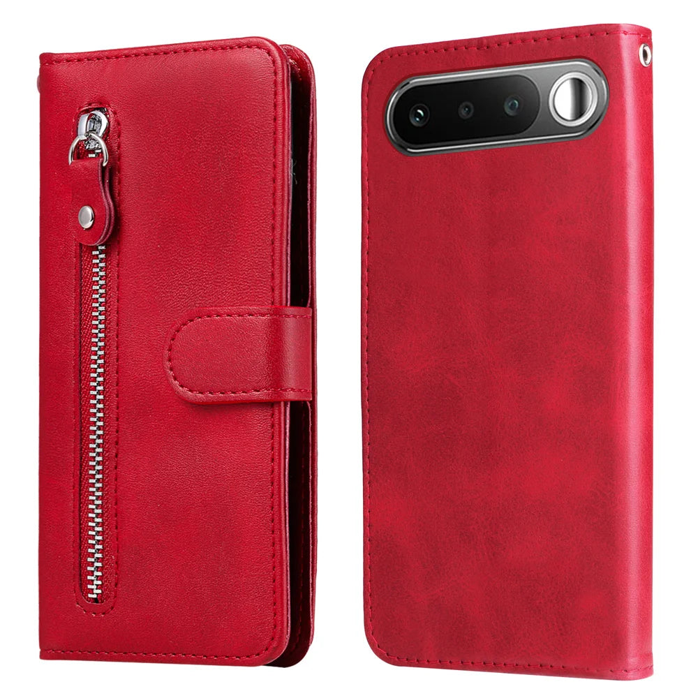 For Realme 16 5G PU Leather Cases with Zipper Pocket Wallet Phone Cover Stand - Red - 1