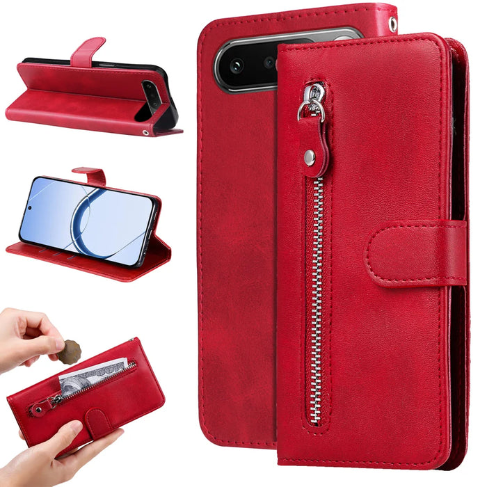 For Realme 16 5G PU Leather Cases with Zipper Pocket Wallet Phone Cover Stand - Red - 2