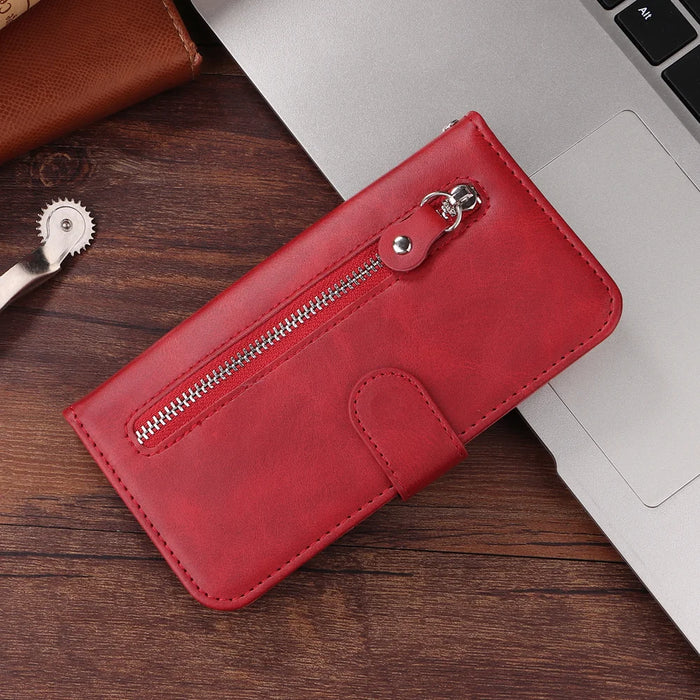For Realme 16 5G PU Leather Cases with Zipper Pocket Wallet Phone Cover Stand - Red - 3
