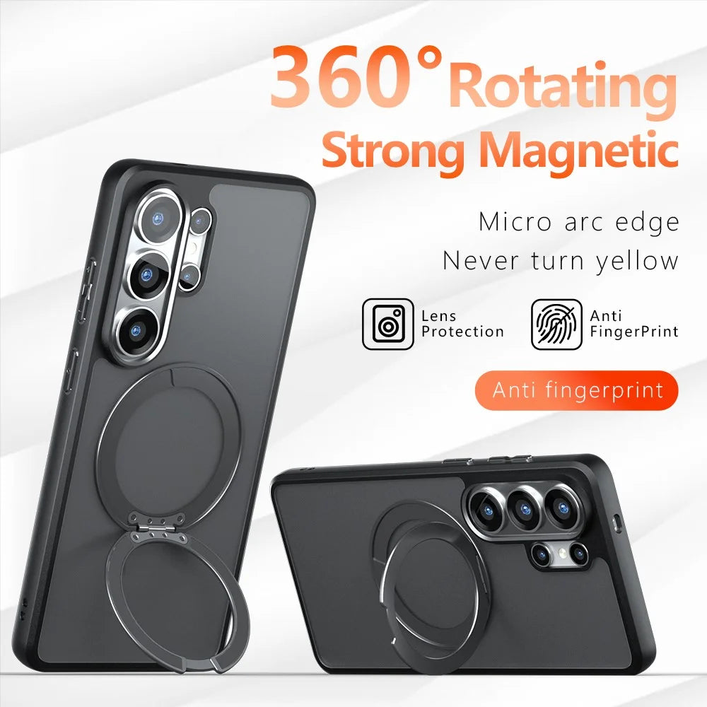 For Samsung Galaxy S26 Matte Skin-touch Magnetic Case 360° Rotating Kickstand Shockproof TPU + PC Phone Cover - Transparent Black - 3