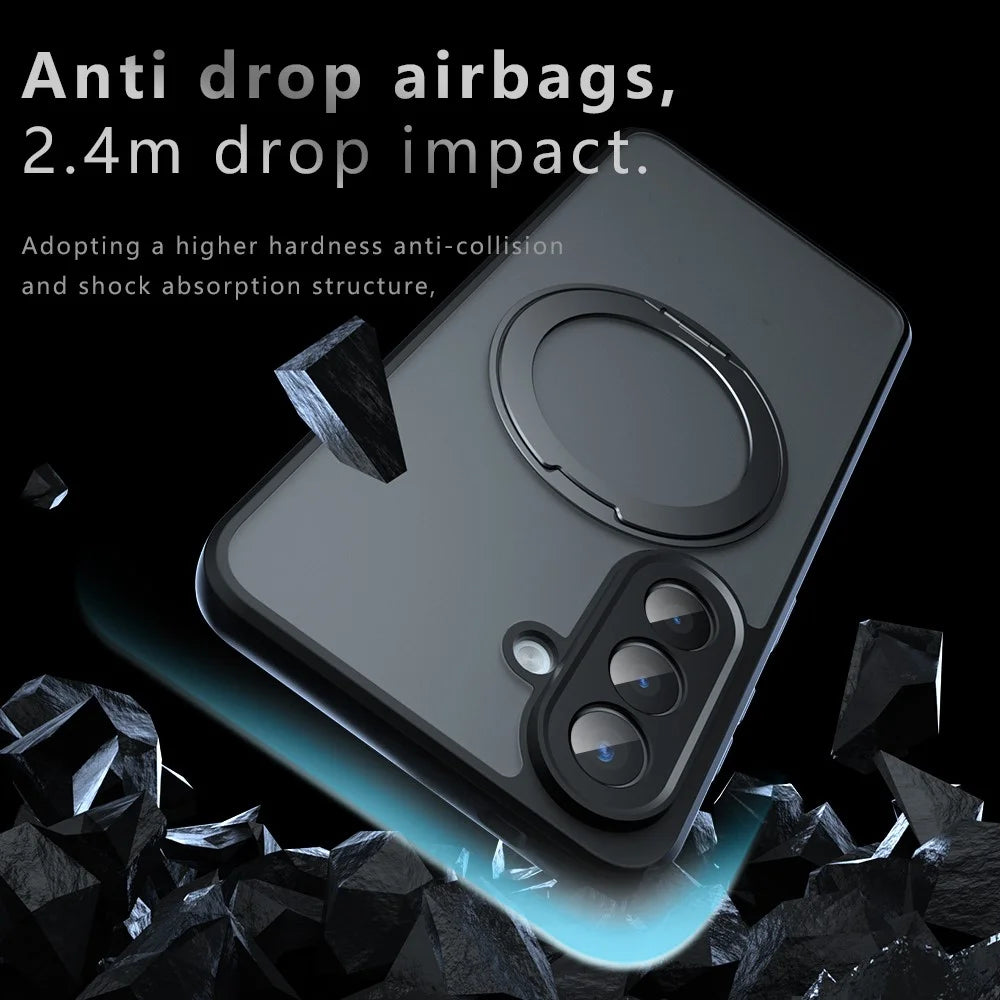 For Samsung Galaxy S26 Matte Skin-touch Magnetic Case 360° Rotating Kickstand Shockproof TPU + PC Phone Cover - Transparent Black - 6