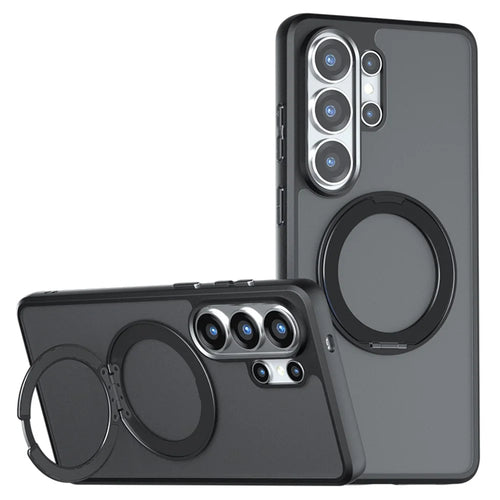 For Samsung Galaxy S26 Ultra Matte Skin-touch Magnetic Case 360° Rotating Kickstand Shockproof TPU + PC Phone Cover - Transparent Black - 1