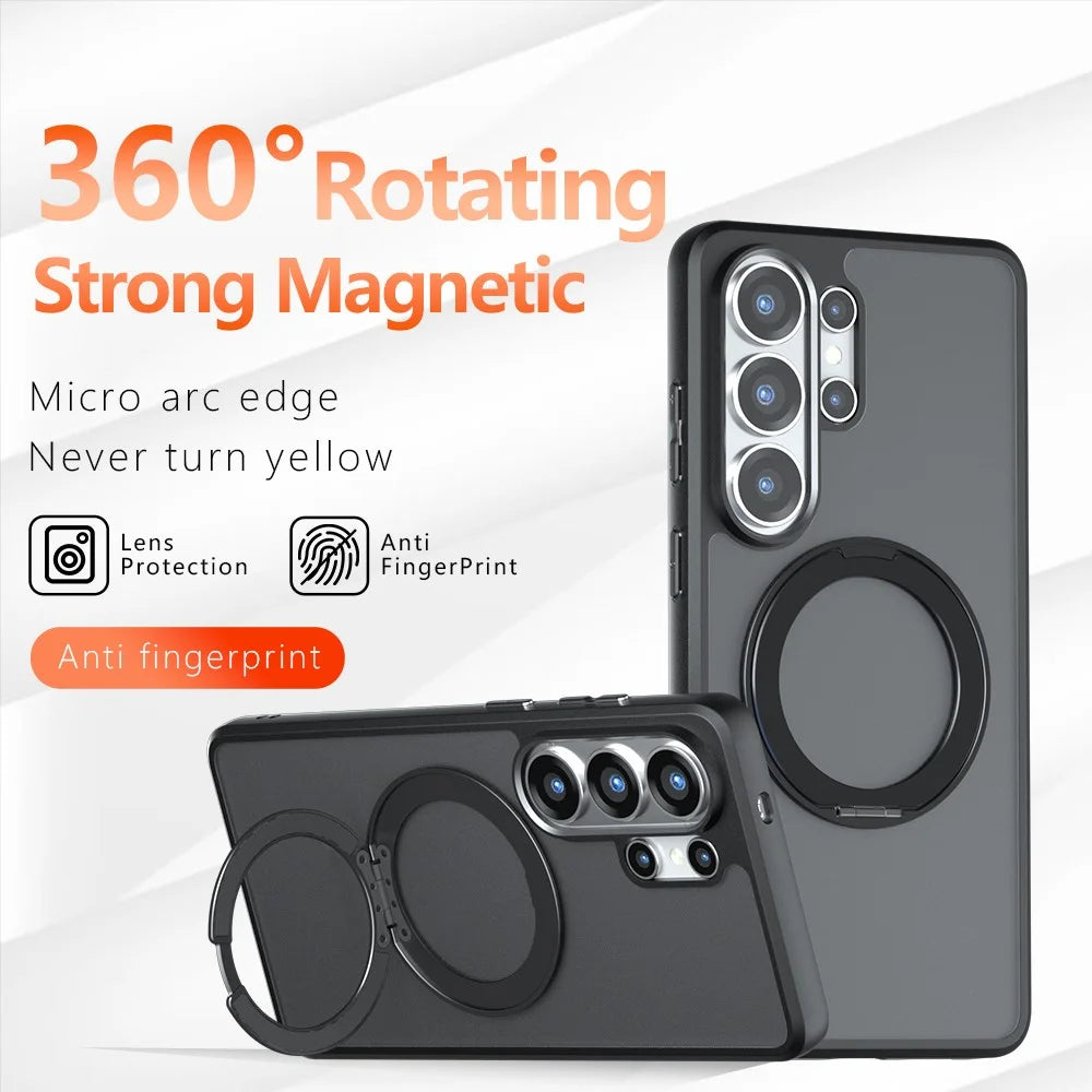 For Samsung Galaxy S26 Ultra Matte Skin-touch Magnetic Case 360° Rotating Kickstand Shockproof TPU + PC Phone Cover - Transparent Black - 4