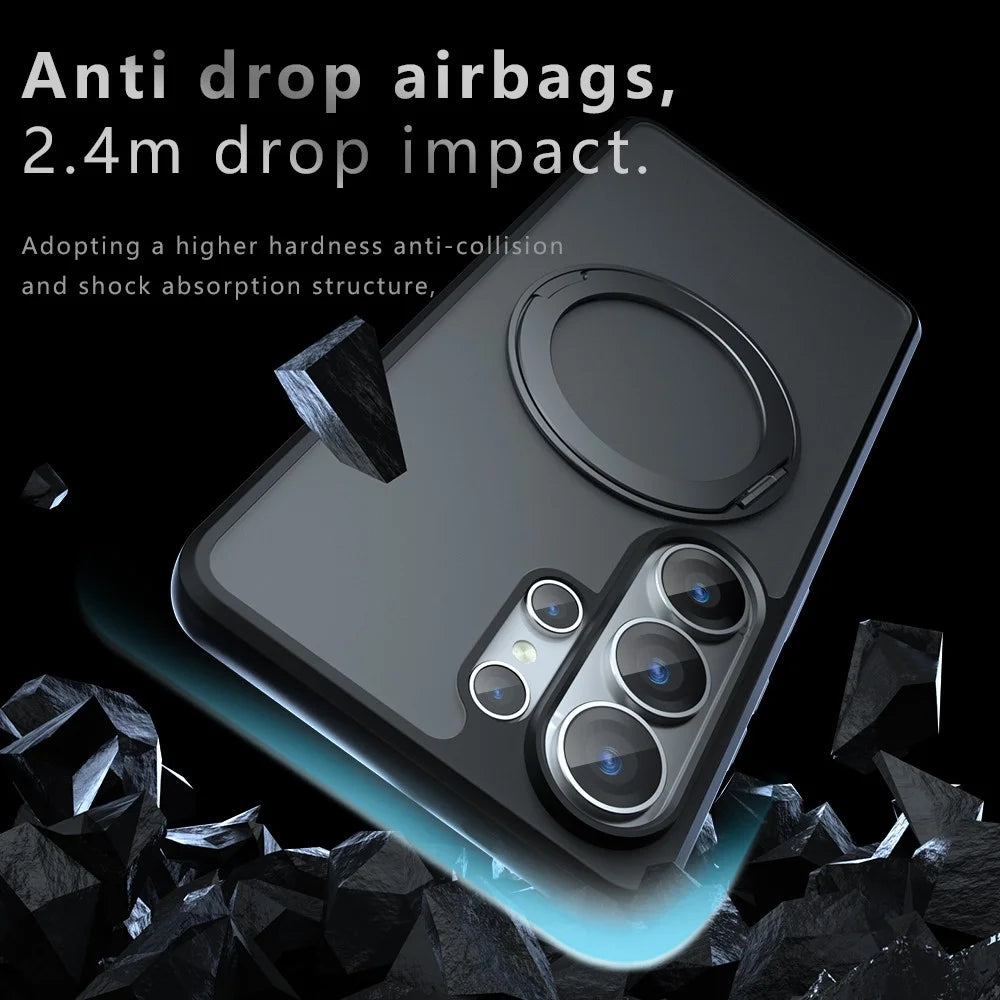 For Samsung Galaxy S26 Ultra Matte Skin-touch Magnetic Case 360° Rotating Kickstand Shockproof TPU + PC Phone Cover - Transparent Black - 6