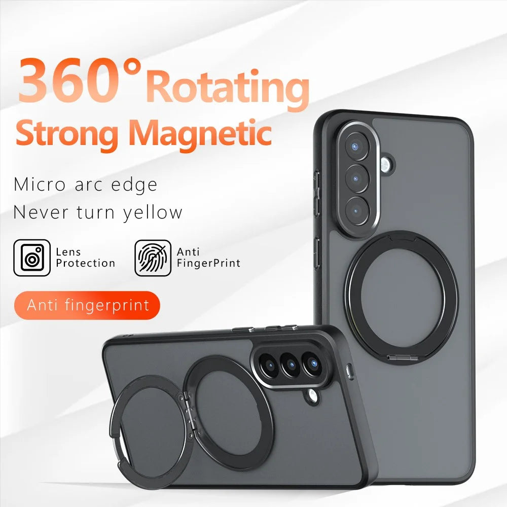 For Samsung Galaxy S25 Matte Skin-touch Magnetic Case 360° Rotating Kickstand Shockproof TPU + PC Phone Cover - Transparent Black - 4