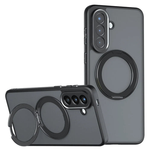 For Samsung Galaxy S25+ Matte Skin-touch Magnetic Case 360° Rotating Kickstand Shockproof TPU + PC Phone Cover - Transparent Black - 1