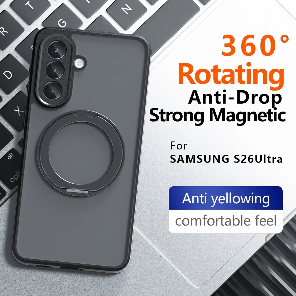 For Samsung Galaxy S25+ Matte Skin-touch Magnetic Case 360° Rotating Kickstand Shockproof TPU + PC Phone Cover - Transparent Black - 5