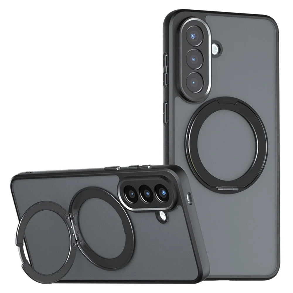 For Samsung Galaxy S25 FE Matte Skin-touch Magnetic Case 360° Rotating Kickstand Shockproof TPU + PC Phone Cover - Transparent Black - 1