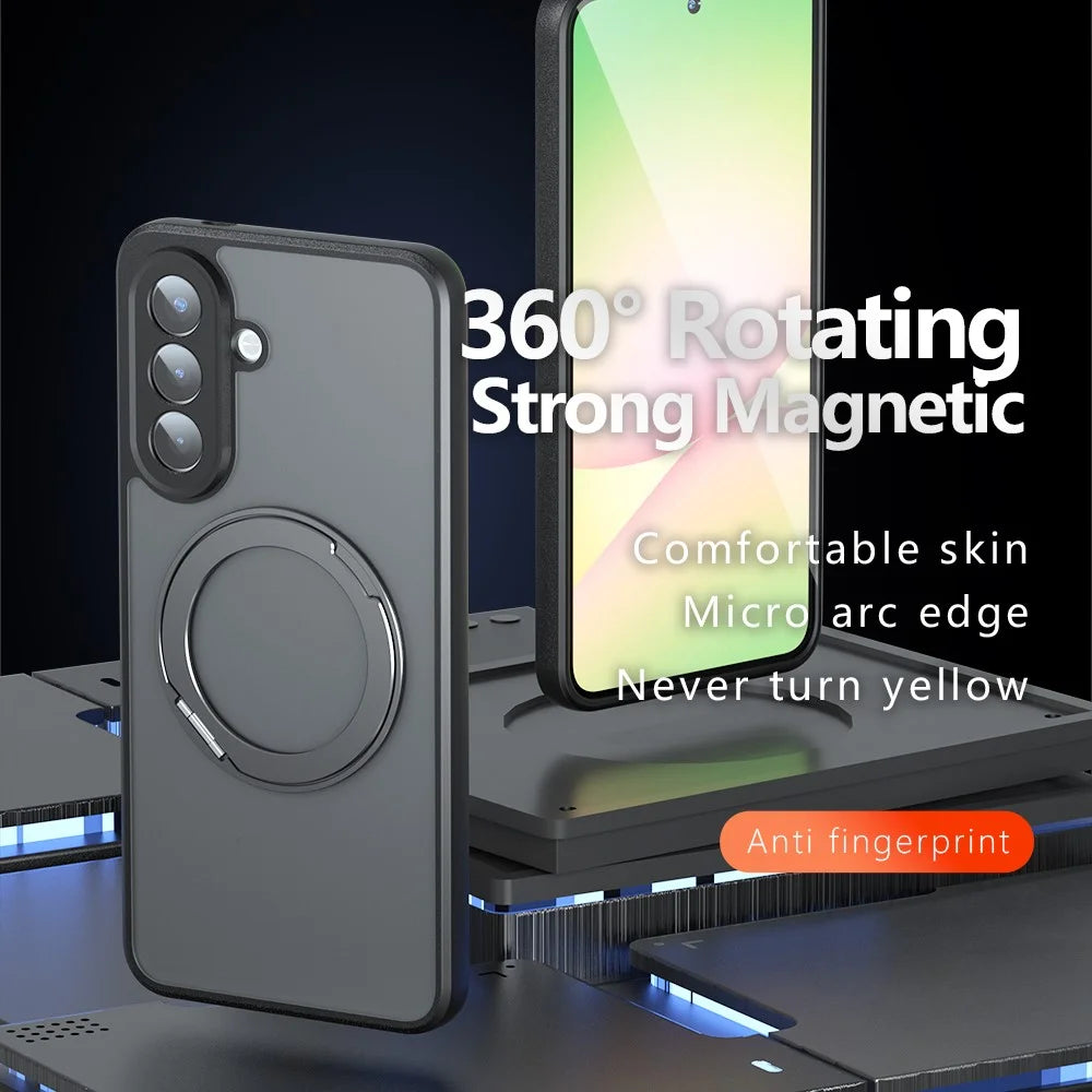 For Samsung Galaxy S25 FE Matte Skin-touch Magnetic Case 360° Rotating Kickstand Shockproof TPU + PC Phone Cover - Transparent Black - 2