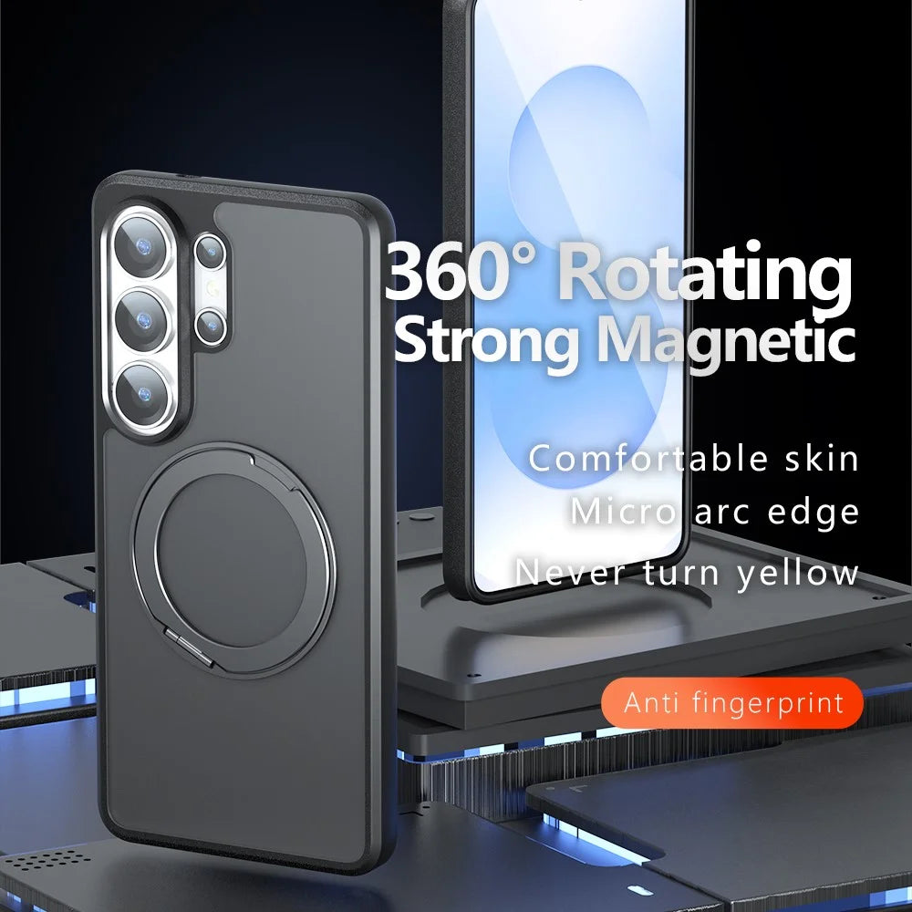 For Samsung Galaxy S24 Ultra Matte Skin-touch Magnetic Case 360° Rotating Kickstand Shockproof TPU + PC Phone Cover - Transparent Black - 2