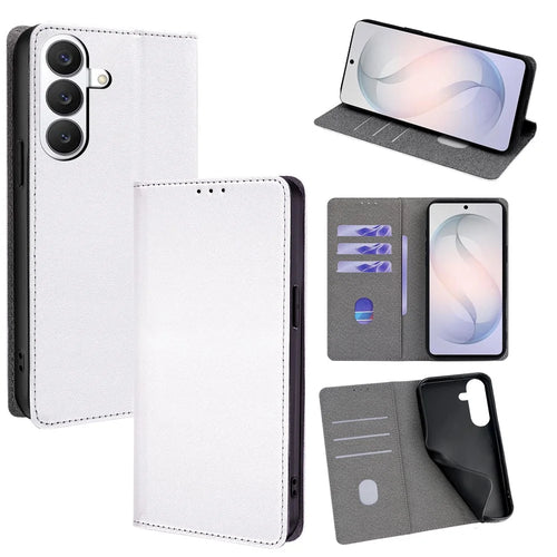 For Samsung Galaxy S26 Case Silk Touch PU Leather Phone Cover with Wallet Stand - White - 1