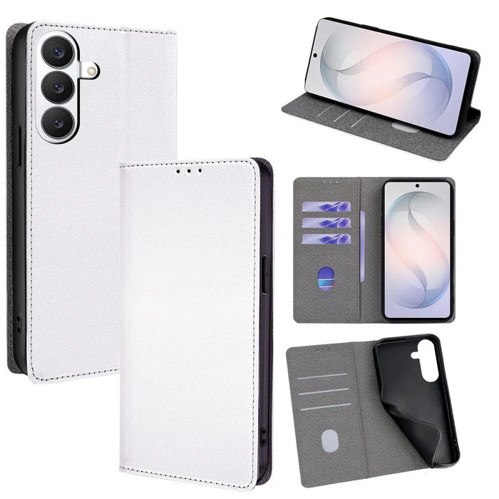 For Samsung Galaxy S26 Case Silk Touch PU Leather Phone Cover with Wallet Stand - White - 1