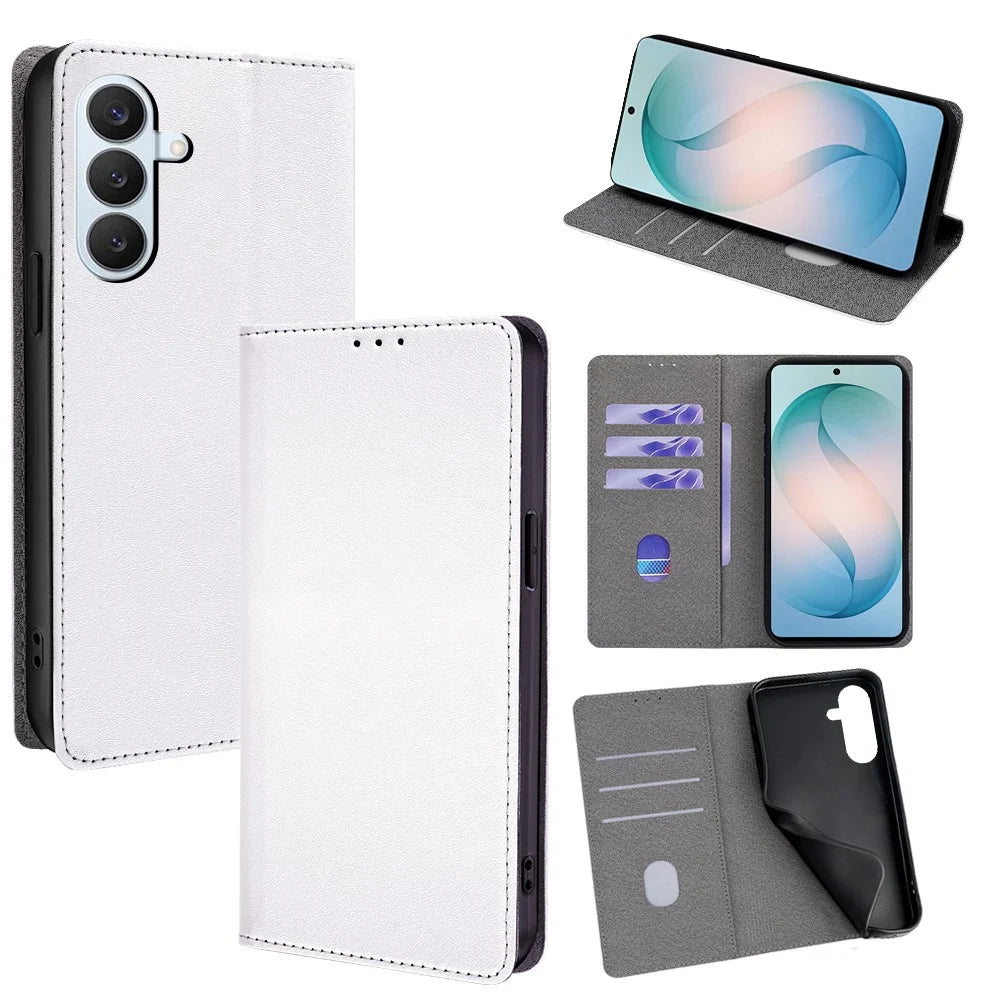 For Samsung Galaxy S26+ Case Silk Touch PU Leather Phone Cover with Wallet Stand - White - 1