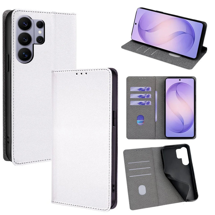 For Samsung Galaxy S26 Ultra Case Silk Touch PU Leather Phone Cover with Wallet Stand - White - 1