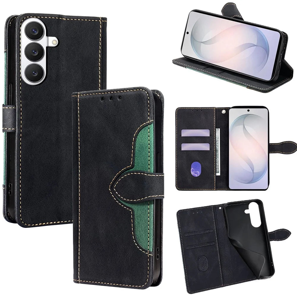 For Samsung Galaxy S26 Case Leather Wallet Phone Cover with Straw Hat Magnetic Clasp - Black - 1