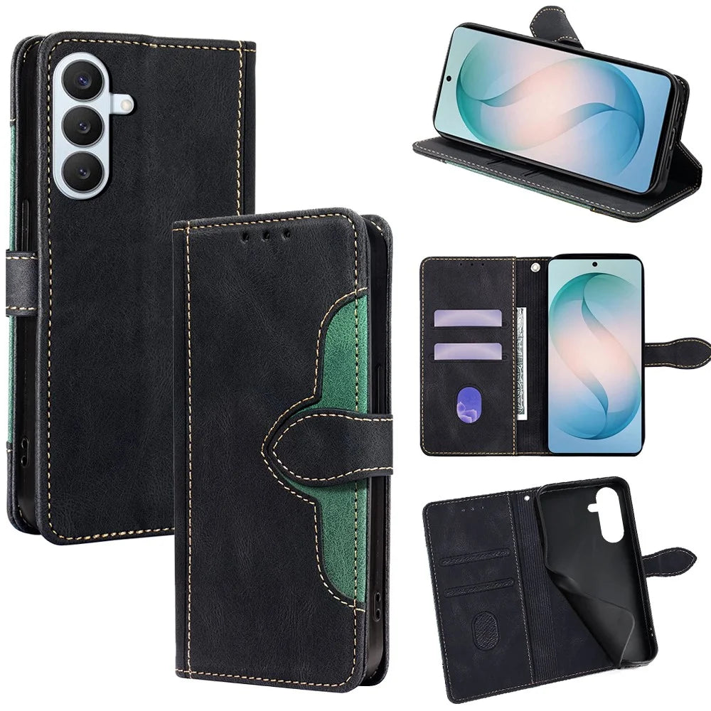 For Samsung Galaxy S26+ Case Leather Wallet Phone Cover with Straw Hat Magnetic Clasp - Black - 1