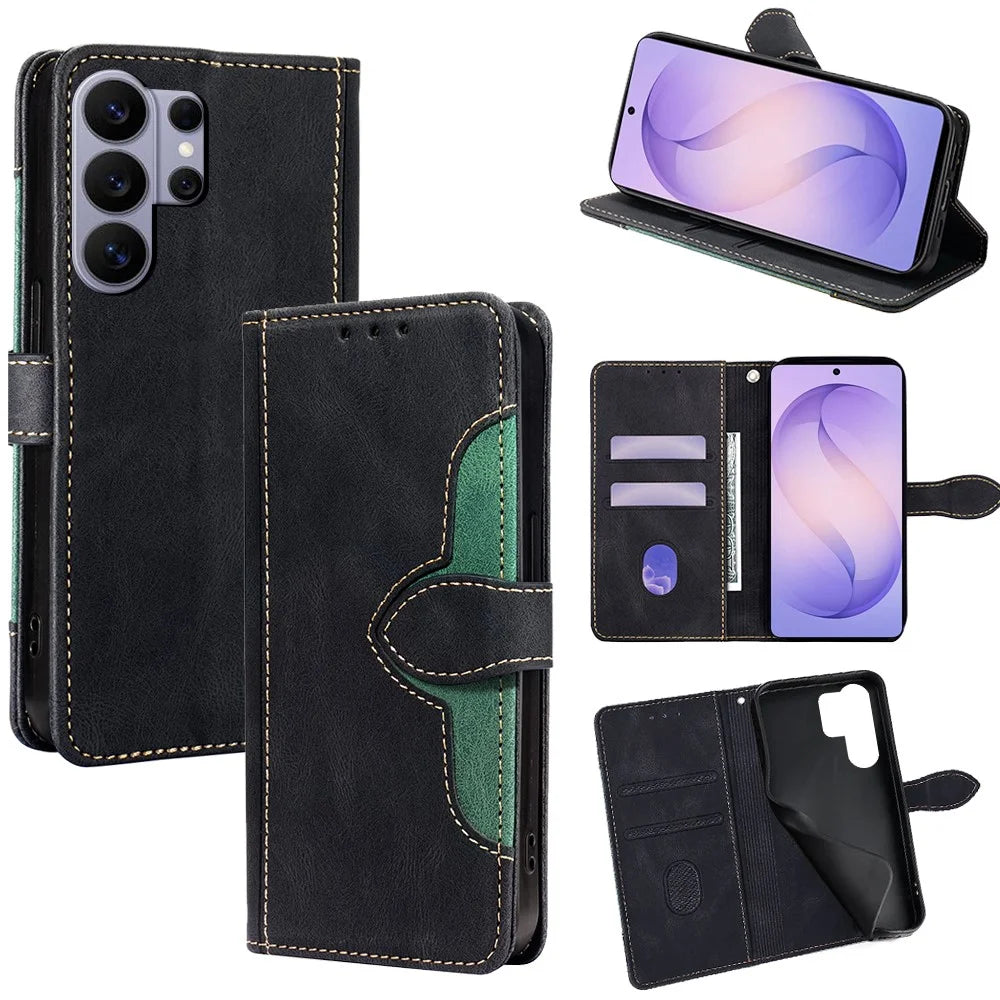 For Samsung Galaxy S26 Ultra Case Leather Wallet Phone Cover with Straw Hat Magnetic Clasp - Black - 1
