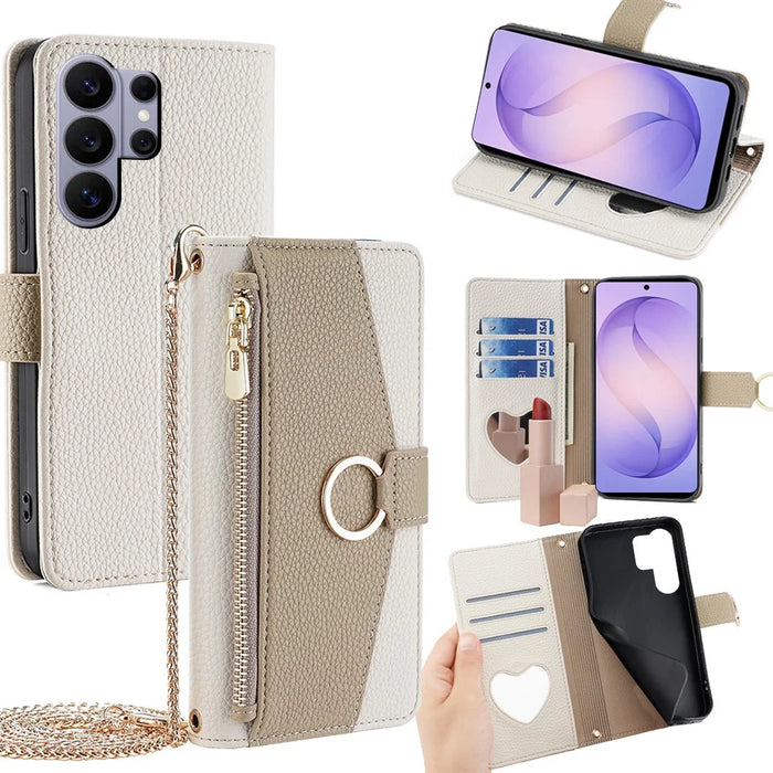 For Samsung Galaxy S26 Ultra Case Mirror Wallet Leather Phone Cover with Chain Shoulder Strap - White - 1
