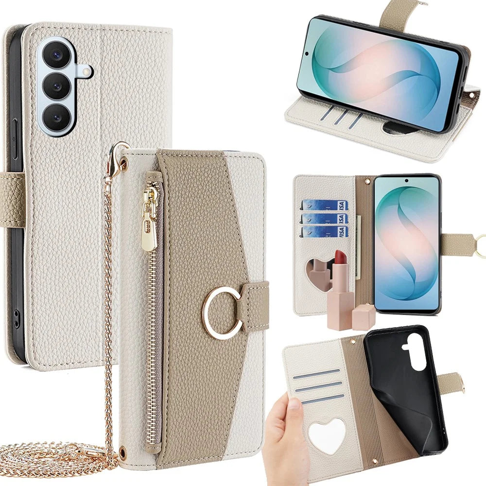 For Samsung Galaxy S26+ Case Mirror Wallet Leather Phone Cover with Chain Shoulder Strap - White - 1