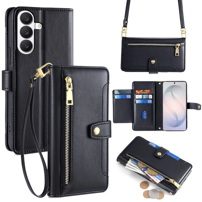 For Samsung Galaxy S26 Leather Case Zipper Pocket Wallet Phone Cover with 2 Straps - Black - 1