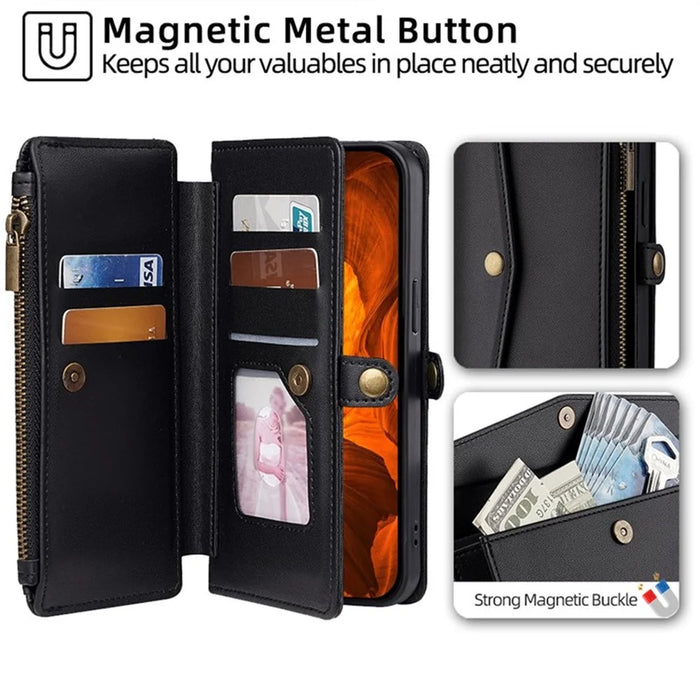For Samsung Galaxy S26 Leather Case Zipper Pocket Wallet Phone Cover with 2 Straps - Black - 3