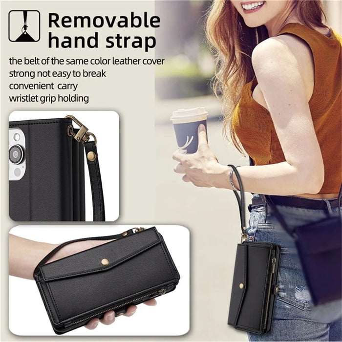 For Samsung Galaxy S26 Leather Case Zipper Pocket Wallet Phone Cover with 2 Straps - Black - 4